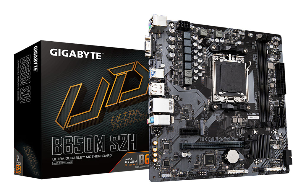 GIGABYTE B650M S2H Mainboard - AMD Ryzen 9000er-Serie, 5+2+2 Phasen VRM, bis zu 6400 MHz DDR5 (OC), 1xPCIe 4.0 M.2, GbE LAN, USB 3.2 Gen 1