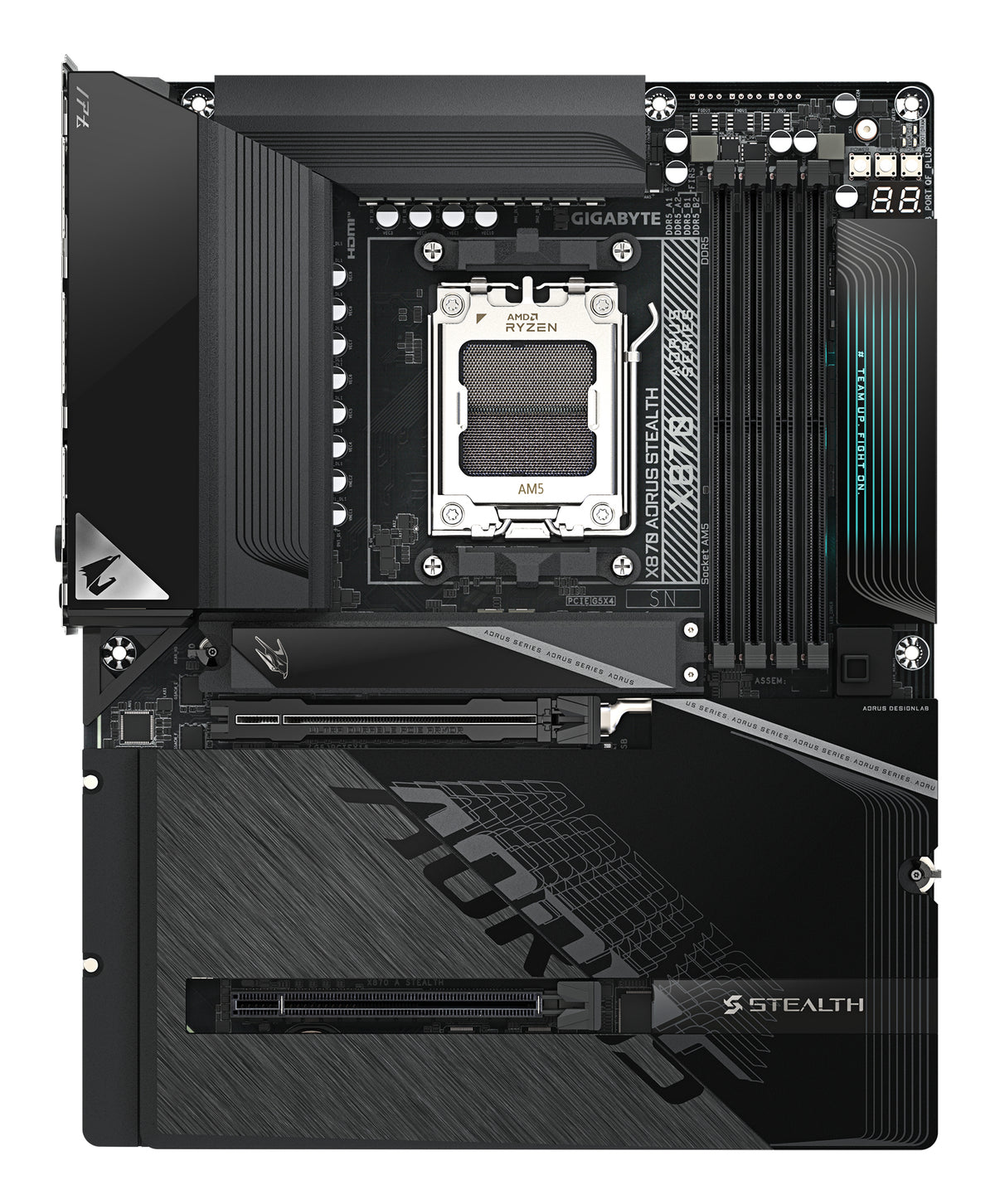 GIGABYTE X870 AORUS STEALTH Mainboard - Unterstützt AMD Ryzen 9000 CPUs, digitales 16+2+2-Phasen-VRM, bis zu 8200MHz DDR5 (O.C.), 2xPCIe 5.0 + 2xPCIe 4.0, Wi-Fi 7, 5GbE LAN, USB 4