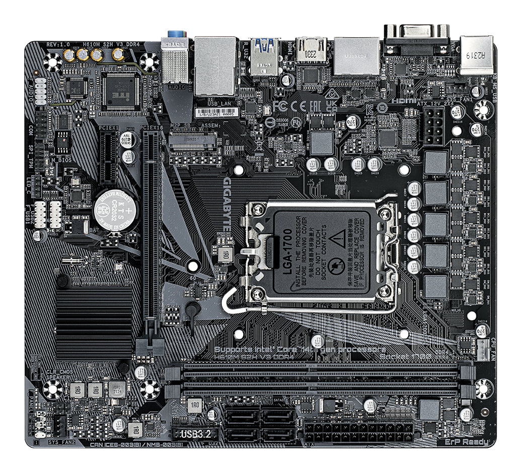 GIGABYTE H610M S2H V3 DDR4 Mainboard - Unterstützt Intel Core Prozessoren 14th CPUs, 4+1+1 Hybrid Digital VRM, up to 3200MHz DDR4, 1xPCIe 3.0 M.2, GbE LAN , USB 3.2 Gen 1