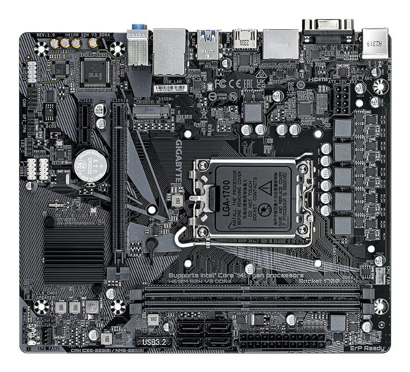 GIGABYTE H610M S2H V3 DDR4 Mainboard - Unterstützt Intel Core Prozessoren 14th CPUs, 4+1+1 Hybrid Digital VRM, up to 3200MHz DDR4, 1xPCIe 3.0 M.2, GbE LAN , USB 3.2 Gen 1