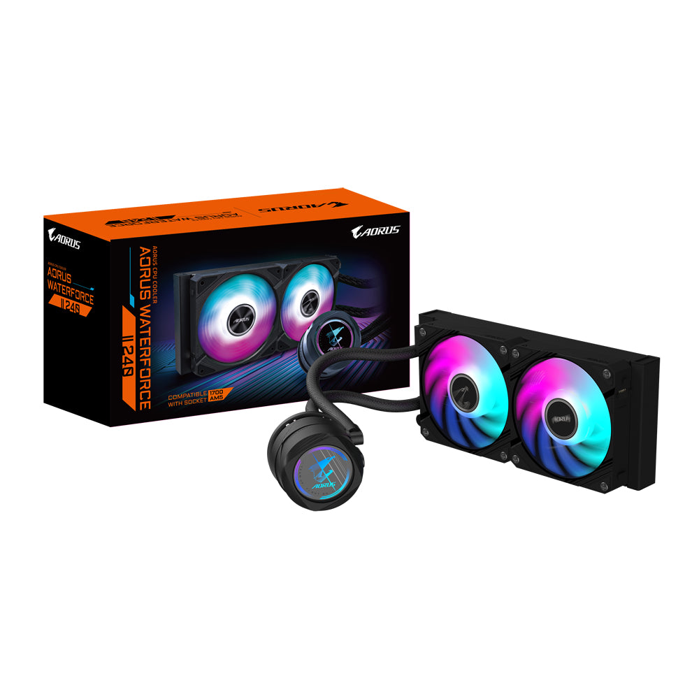 GIGABYTE AORUS WATERFORCE II 240 AIO Flüssigkeits-CPU-Kühler - 2x120mm ARGB-Lüfter, Schiebe-in-Verriegelungsmechanismus, DAISY-CHAIN, kompatibel mit Intel LGA 1851 und AMD AM5