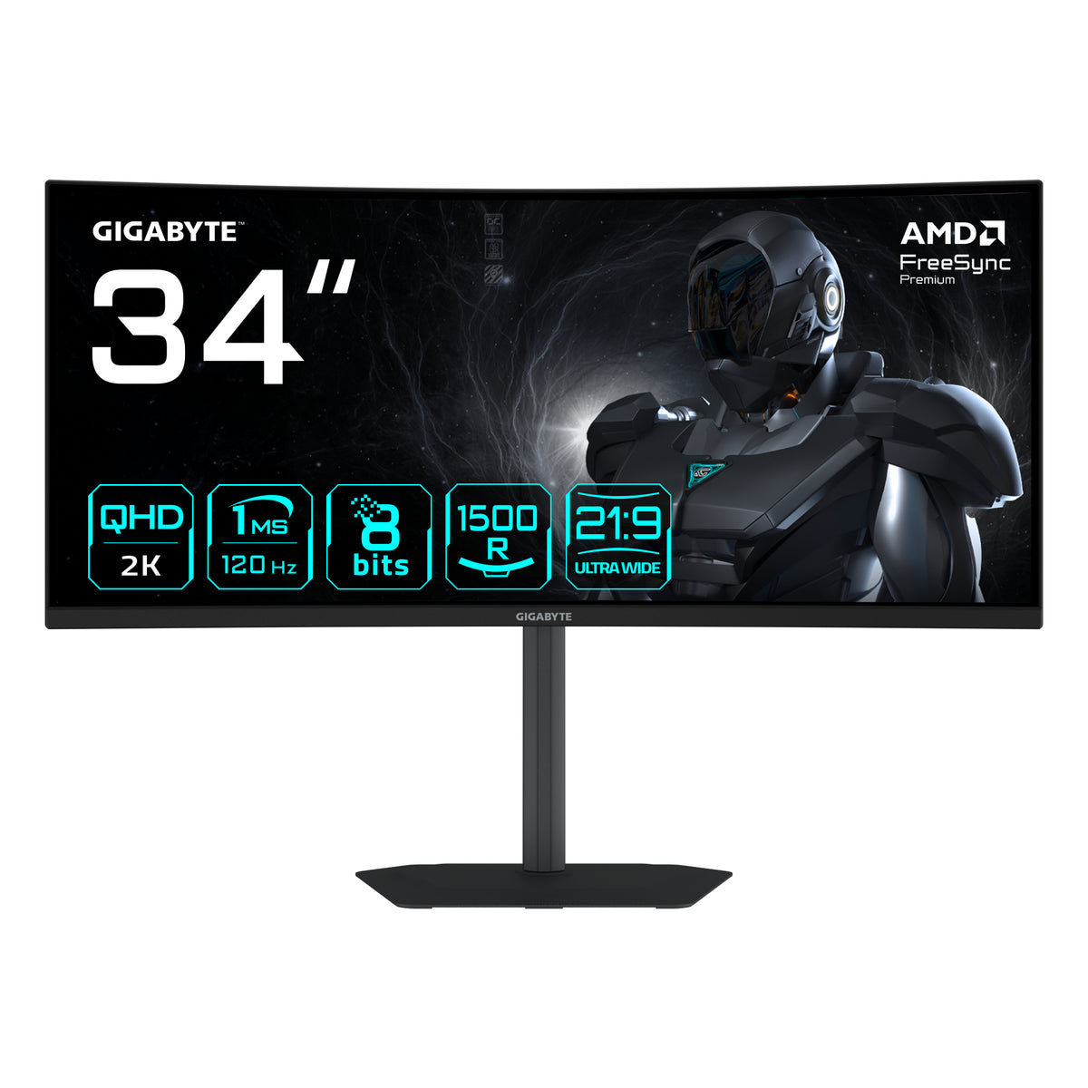 GIGABYTE GS34WQCA 34" WQHD Curved Gaming-Monitor – 3440 x 1440, 1500R, 120Hz, 1ms, 300 cd/m², FreeSync Premium, HDR Ready, HDMI 2.0, DisplayPort 1.4.
