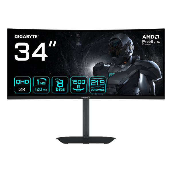 GIGABYTE GS34WQCA 34" WQHD Curved Gaming-Monitor – 3440 x 1440, 1500R, 120Hz, 1ms, 300 cd/m², FreeSync Premium, HDR Ready, HDMI 2.0, DisplayPort 1.4.