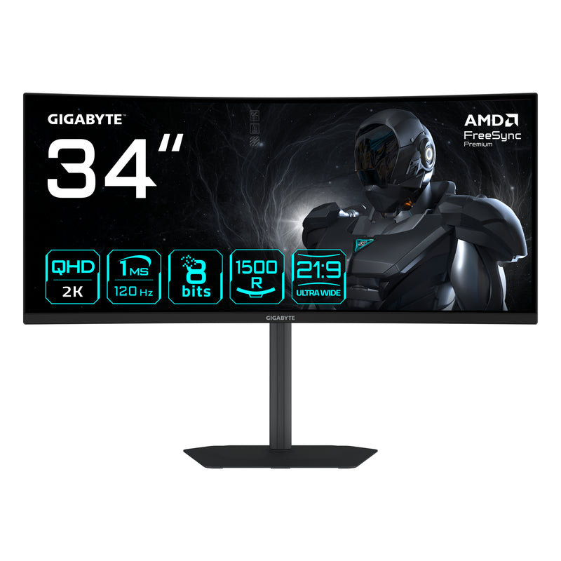 GIGABYTE GS34WQCA 34" WQHD Curved Gaming-Monitor – 3440 x 1440, 1500R, 120Hz, 1ms, 300 cd/m², FreeSync Premium, HDR Ready, HDMI 2.0, DisplayPort 1.4.