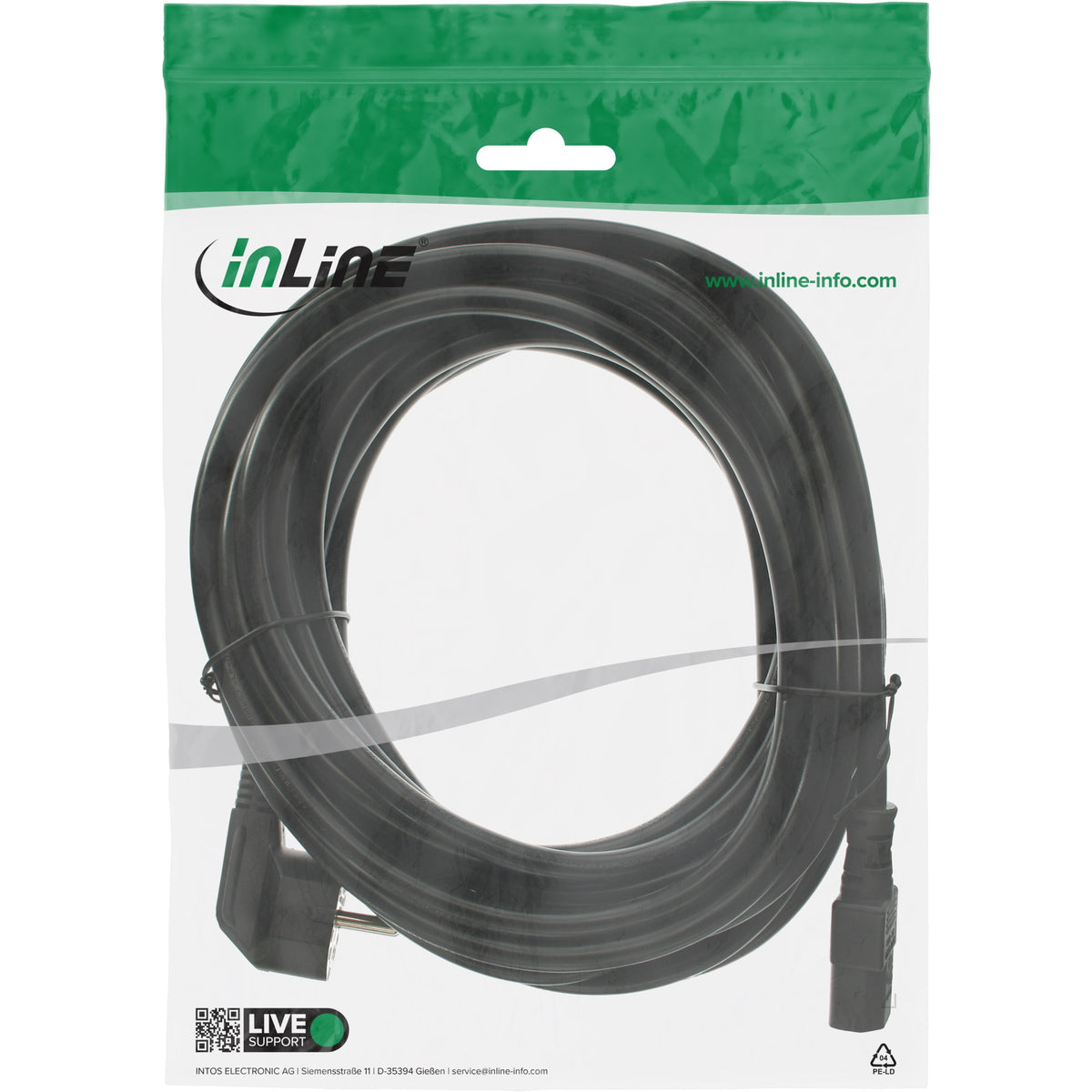 InLine Netzkabel, Schutzkontakt gewinkelt auf Kaltgerätestecker C13, 3m