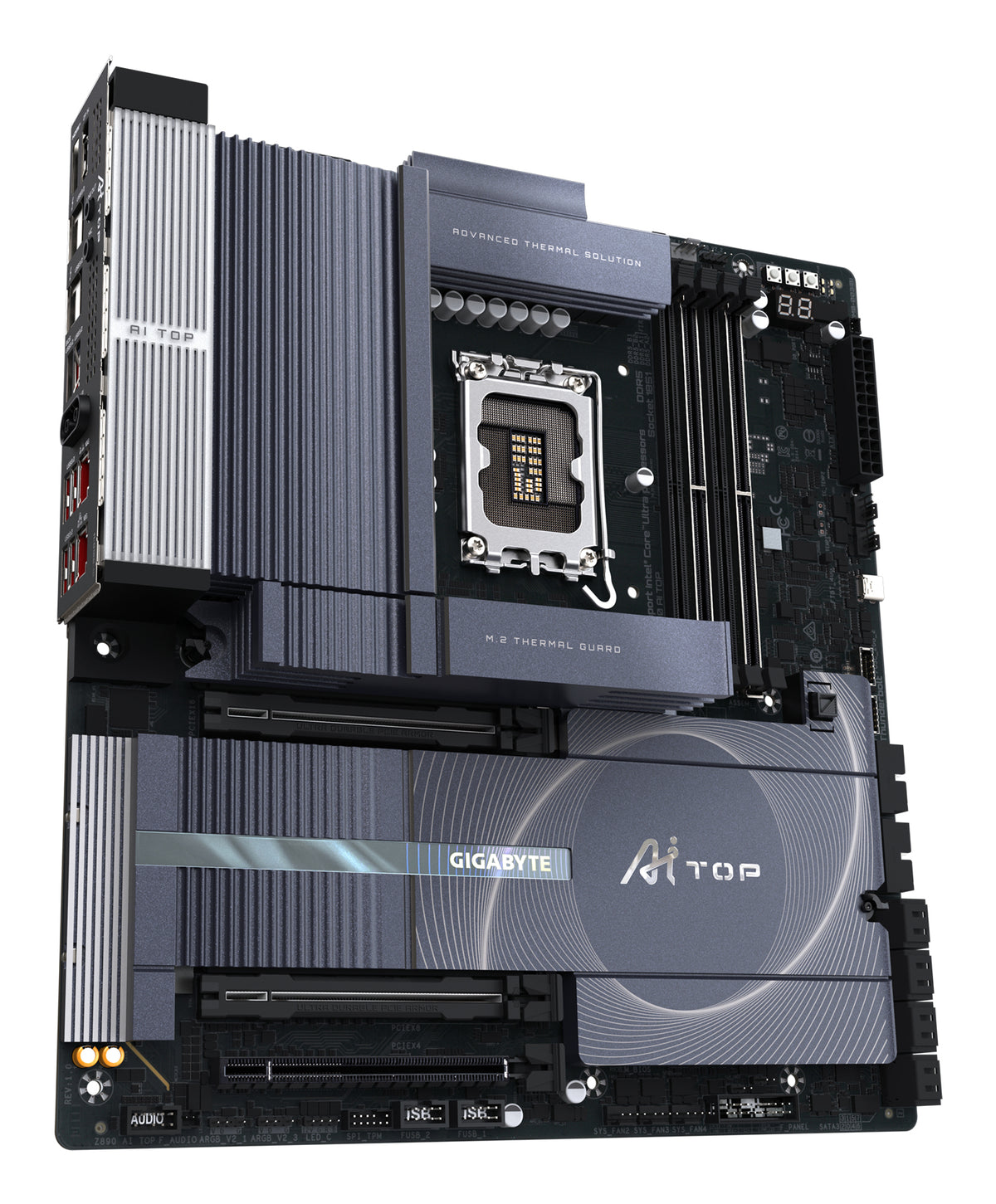GIGABYTE Z890 AI TOP Mainboard - Intel Core Ultra (Serie 2) CPUs, 16+1+2 Phasen VRM, bis zu 9500 MHz DDR5 (OC), 1xPCIe 5.0 + 3xPCIe 4.0 M.2, Wi-Fi 7, 10 GbE LAN, Thunderbolt 5