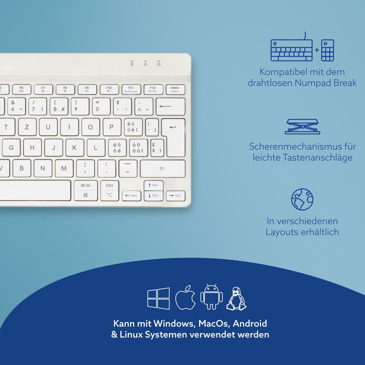 R-Go Tools Ergonomische Tastatur R-Go Compact Break, kompakte Tastatur mit Pausensoftware, QWERTZ (CH), Bluetooth, Weiß