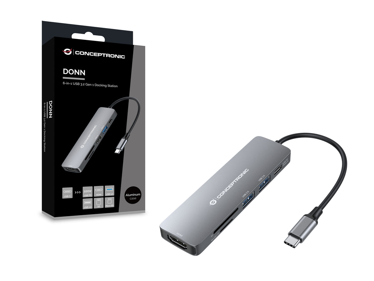 Conceptronic DONN11G 6-in-1 USB 3.2 Gen 1 Dockingstation, HDMI, 100W USB PD, USB 3.0, USB 2.0, SD, TF/MicroSD