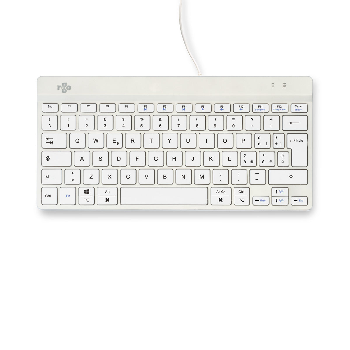 R-Go Tools Ergonomische Tastatur R-Go Compact Break, kompakte Tastatur mit Pausensoftware, QWERTY (IT), Kabelgebunden, Weiß
