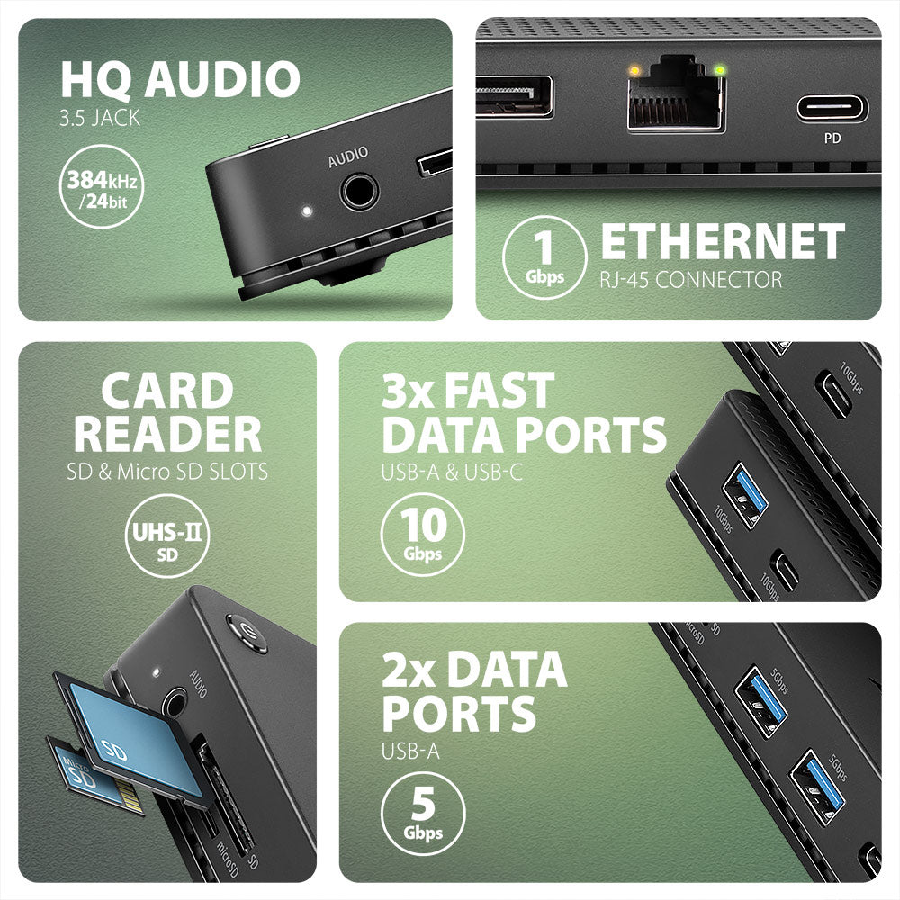 Axagon HMC-U4 USB4 dock, 3x USB-A, 2x USB-C, HDMI & DP 8K/30Hz, RJ-45, SD/mSD, audio, PD 100W