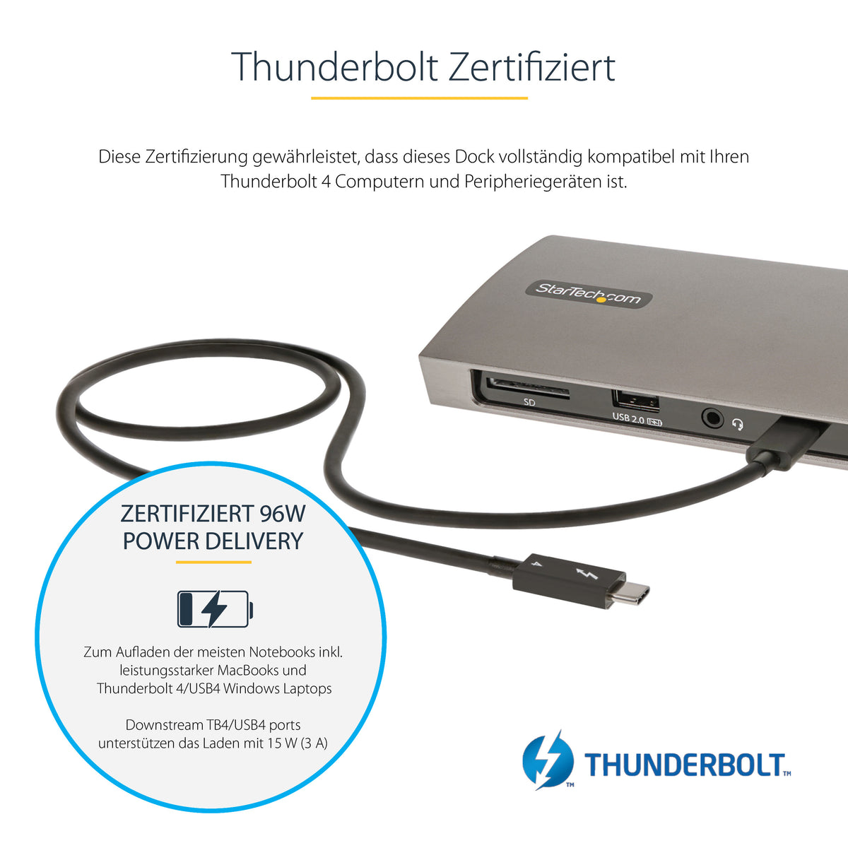 StarTech.com Thunderbolt 4 Docking station, 96W PD, Einzelner 8K/Dual 4K 60Hz Monitor, 3xTB4/USB4 und 4xUSB-A Hub, SD/GbE, Thunderbolt 4/3 und USB4 kompatibel, K-Slot, 0.8m Kabel