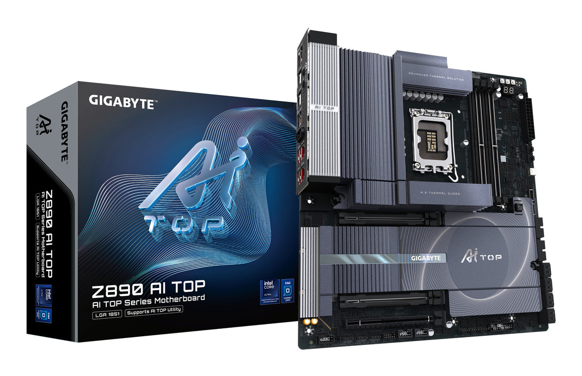 GIGABYTE Z890 AI TOP Mainboard - Intel Core Ultra (Serie 2) CPUs, 16+1+2 Phasen VRM, bis zu 9500 MHz DDR5 (OC), 1xPCIe 5.0 + 3xPCIe 4.0 M.2, Wi-Fi 7, 10 GbE LAN, Thunderbolt 5