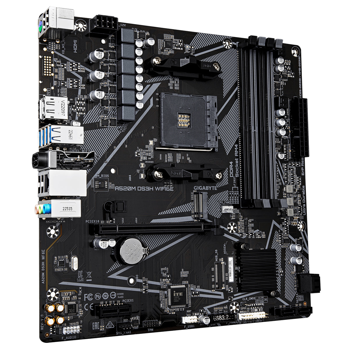GIGABYTE A520M DS3H WIFI6E Mainboard – Unterstützt AMD Ryzen 5000 Series AM4 CPUs, bis zu 4733 MHz DDR4 (OC), 1× PCIe 3.0 M.2, Wi-Fi 6E, GbE-LAN, USB 3.2 Gen 1