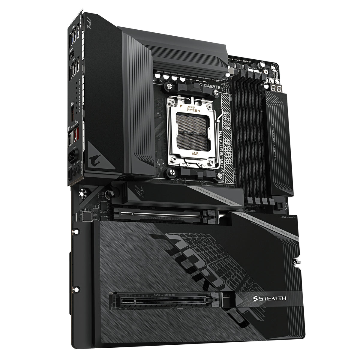 GIGABYTE B850 AORUS STEALTH Mainboard – AMD Ryzen 9000 Series CPUs, digitales 14+2+2-Phasen-VRM, bis zu 8200 MHz DDR5 (O.C.), 2× PCIe-5.0-M.2 + 2× PCIe-4.0-M.2, Wi-Fi 7, 5-GbE-LAN, USB 3.2 Gen 2