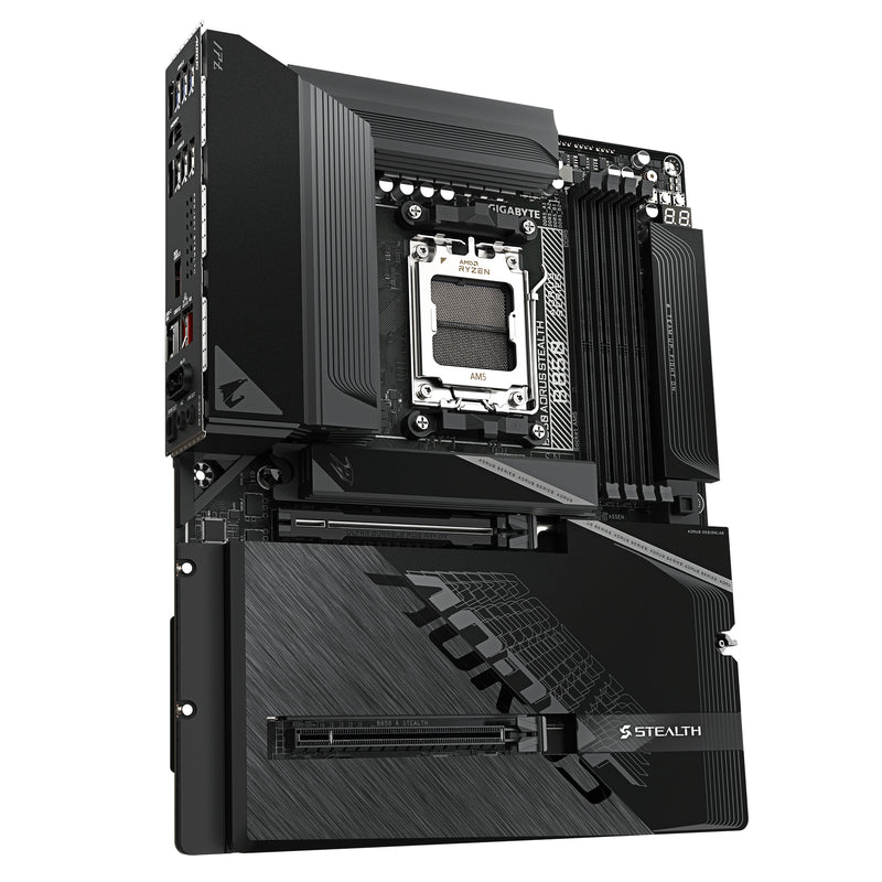 GIGABYTE B850 AORUS STEALTH Mainboard – AMD Ryzen 9000 Series CPUs, digitales 14+2+2-Phasen-VRM, bis zu 8200 MHz DDR5 (O.C.), 2× PCIe-5.0-M.2 + 2× PCIe-4.0-M.2, Wi-Fi 7, 5-GbE-LAN, USB 3.2 Gen 2