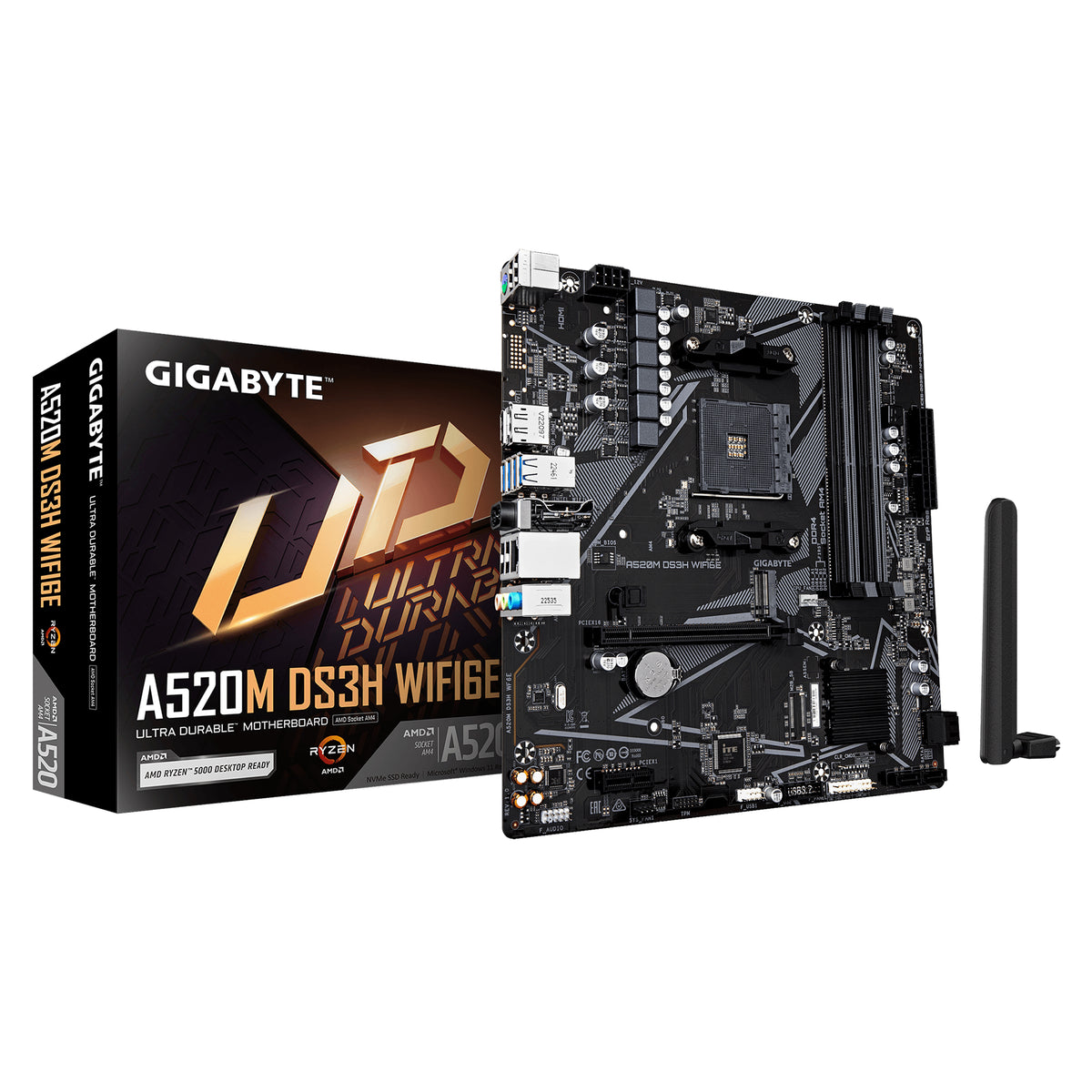 GIGABYTE A520M DS3H WIFI6E Mainboard – Unterstützt AMD Ryzen 5000 Series AM4 CPUs, bis zu 4733 MHz DDR4 (OC), 1× PCIe 3.0 M.2, Wi-Fi 6E, GbE-LAN, USB 3.2 Gen 1