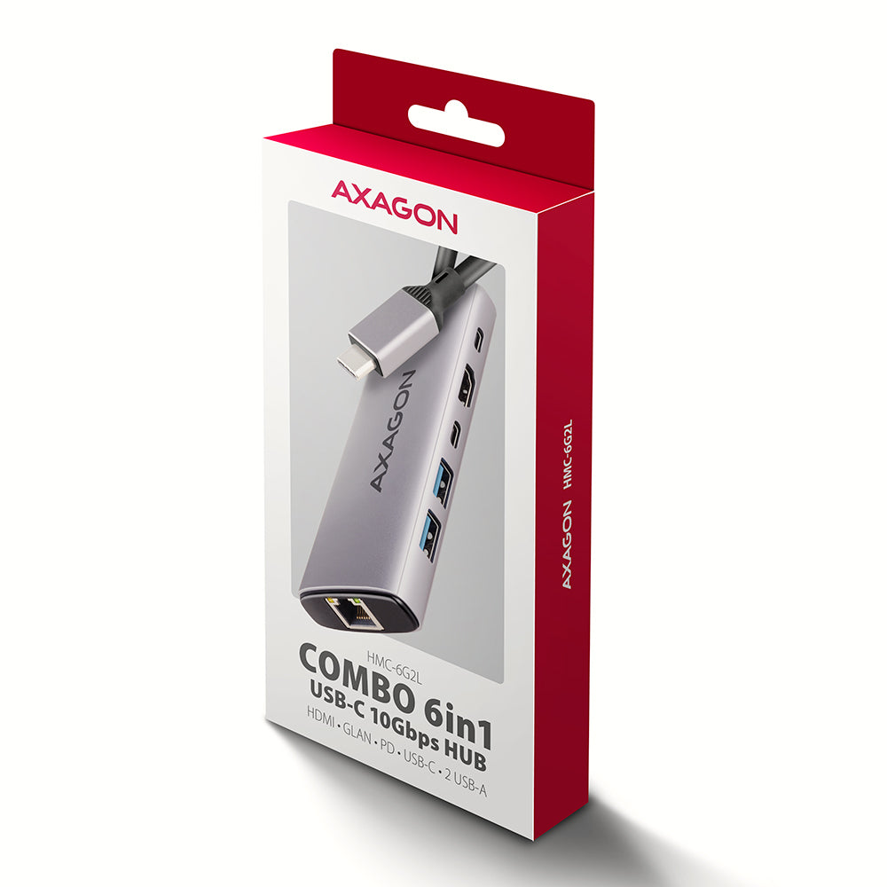 Axagon HMC-6G2L USB 10Gbps hub, 2x USB-A, 1x USB-C, HDMI 4k/60Hz, RJ-45, PD 100W