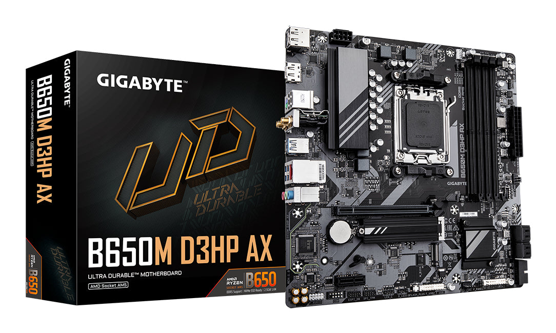 GIGABYTE B650M D3HP AX Mainboard - AMD Ryzen 9000er-Serie, 5+2+2 Phasen VRM, bis zu 8000 MHz DDR5 (OC), 2xPCIe 4.0 M.2, WIFI 6E, 2,5 GbE LAN, USB 3.2 Gen 1