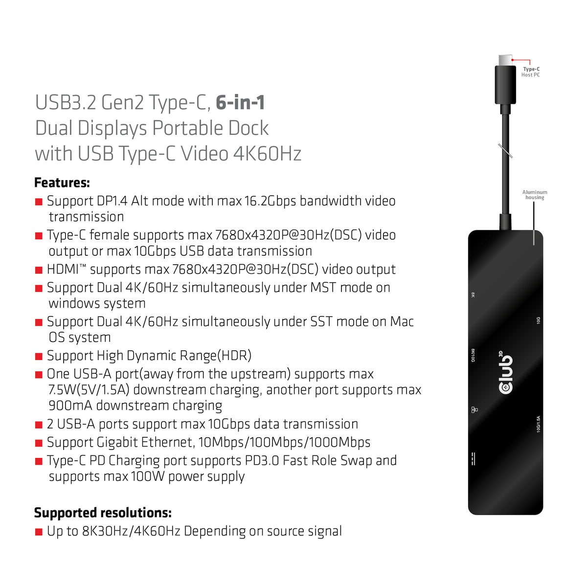 CLUB3D 6-in-1 USB3.2 Gen2 Typ-C Dual Displays Portable Dock mit USB Typ-C Video 4K60Hz