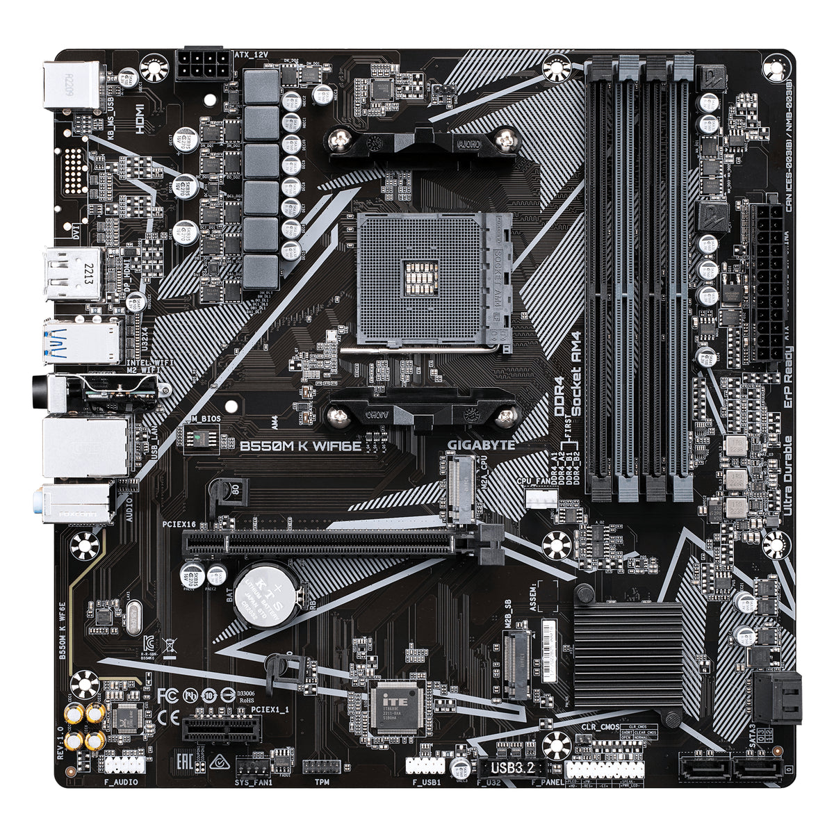 GIGABYTE B550M K WIFI6E Mainboard – AMD Ryzen 5000 CPUs, bis zu 4733 MHz DDR4, 1× PCIe 4.0 + 1× PCIe 3.0 M.2, Wi-Fi 6E, 1-GbE-LAN, USB 3.2 Gen 1