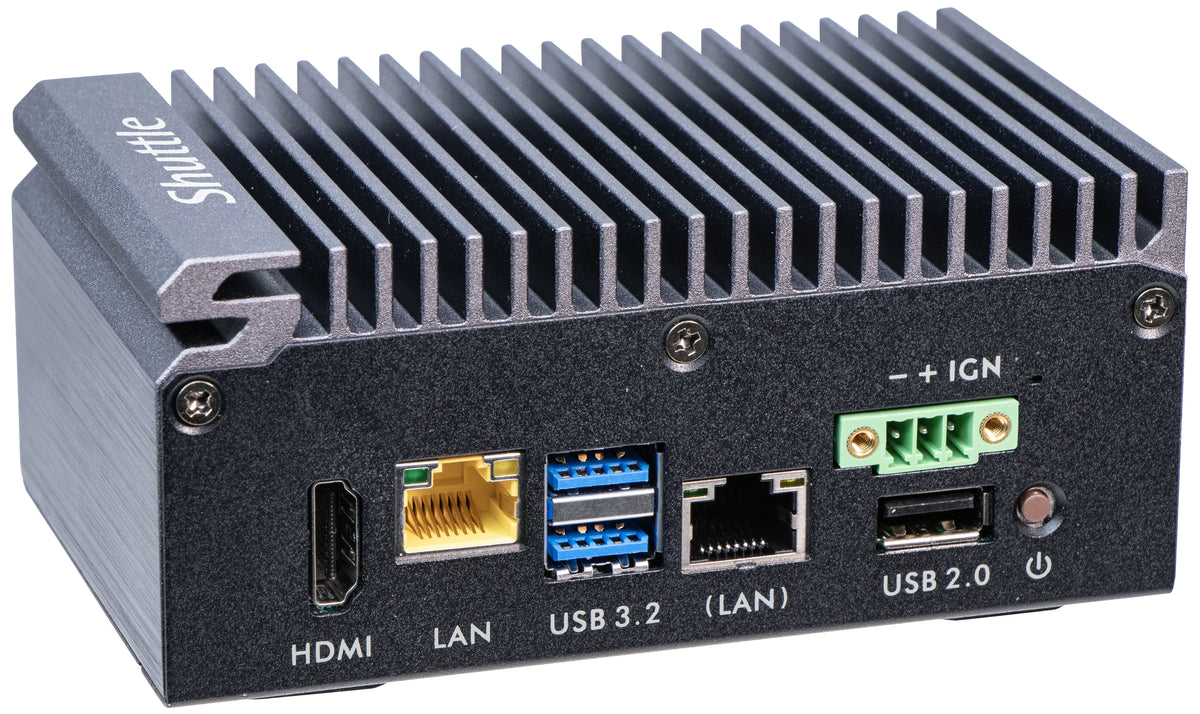 Shuttle Edge PC SPCEL03 , Intel Atom x6413E, 1x HDMI, 2x 2.5G LAN, 1x COM, DIO (4x in, 4x out), 3x USB, 2x M.2, 12-24V, 24/7 Dauerbetrieb, lüfterlos, -20...60°C, inkl. VESA & DIN-RAIL mount