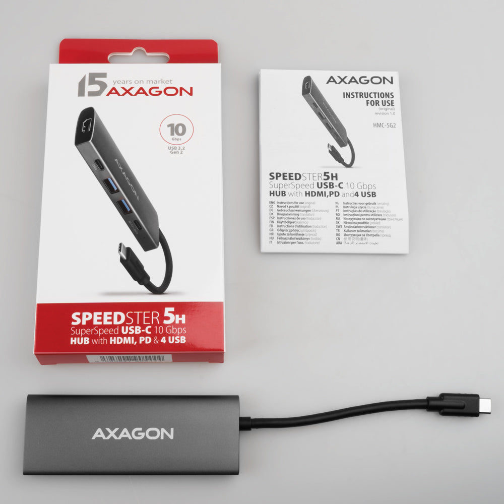 Axagon HMC-5G21 USB 10Gbps hub, 2x USB-A, 2x USB-C, HDMI 4k/30Hz, PD 60W, USB-C Kabel