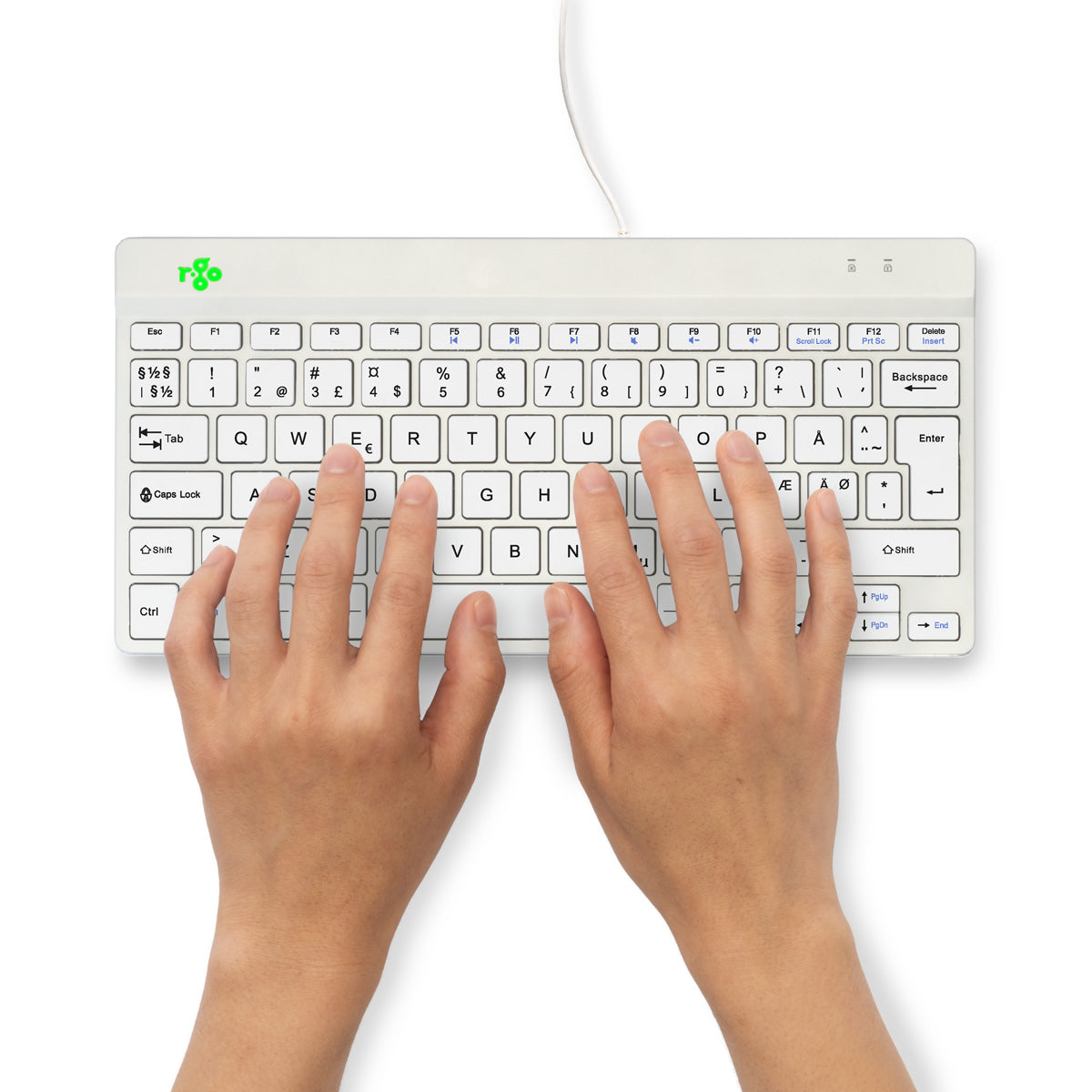 R-Go Tools Ergonomische Tastatur R-Go Compact Break, kompakte Tastatur mit Pausensoftware, QWERTY (NORDIC), Kabelgebunden, Weiß