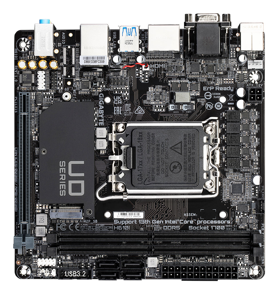 GIGABYTE H610I Motherboard - Unterstützt Intel Core 14. Generation CPUs, 4+1+1 Hybrid Digital VRM, bis zu 5600MHz DDR5, 1xPCIe 3.0 M.2, GbE LAN, USB 3.2 Gen 1