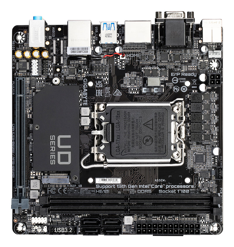 GIGABYTE H610I Motherboard - Unterstützt Intel Core 14. Generation CPUs, 4+1+1 Hybrid Digital VRM, bis zu 5600MHz DDR5, 1xPCIe 3.0 M.2, GbE LAN, USB 3.2 Gen 1