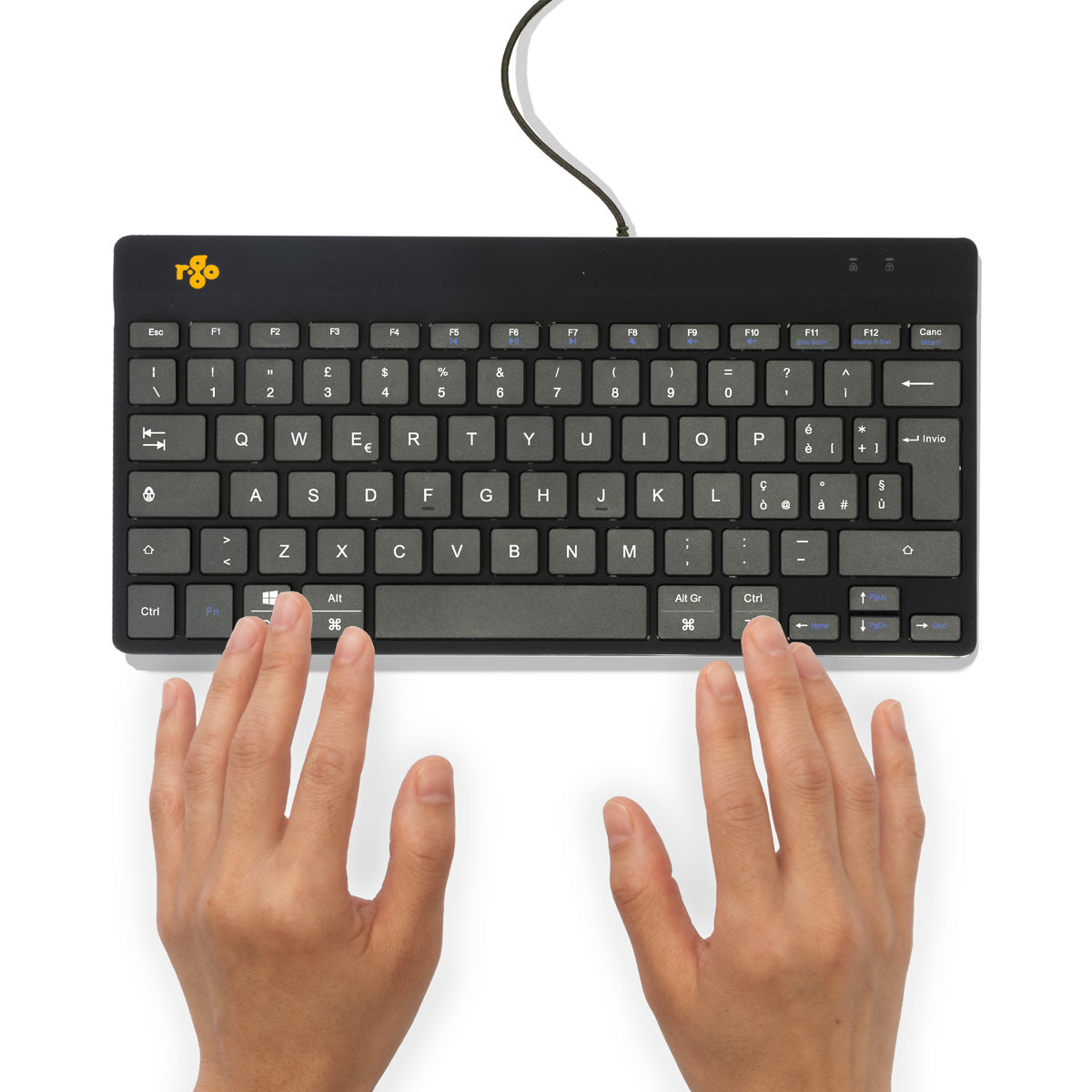 R-Go Tools Ergonomische Tastatur R-Go Compact Break, kompakte Tastatur mit Pausensoftware, QWERTY (IT), Kabelgebunden, Schwarz