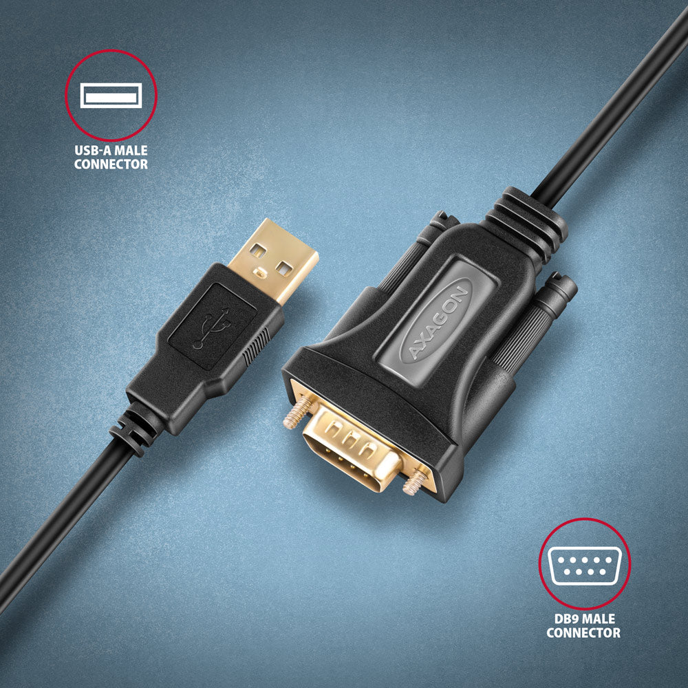 Axagon ADS-1PQN USB-A 2.0 - serial RS-232 DB9-M FTDI adapter cable 1.5m - Adapter - Digital/Daten Serien-Kabel Schwarz 1,5 m USB Typ-A