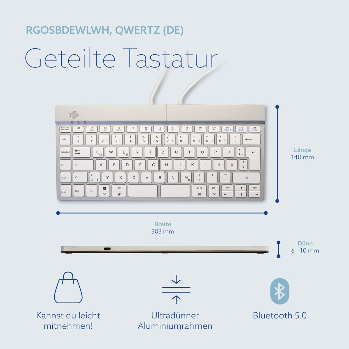 R-Go Tools Ergonomische Tastatur R-Go Split Break mit Pausensoftware, ergonomische geteilte Tastatur, QWERTZ (DE), kabellos, weiß