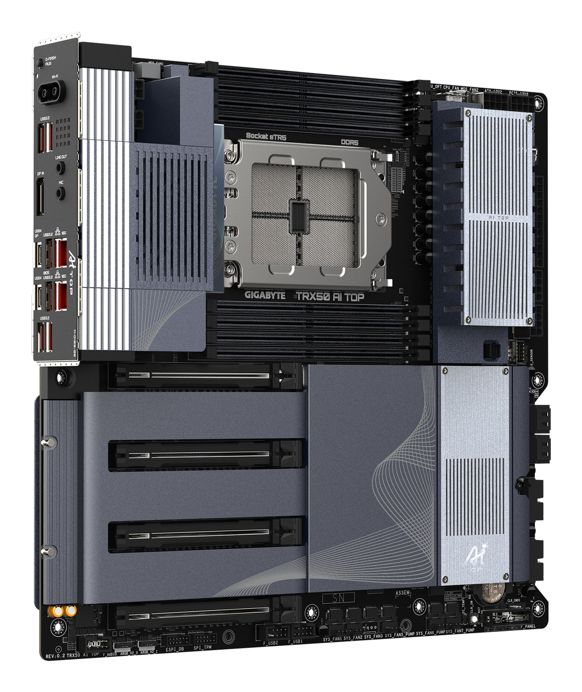 GIGABYTE TRX50 AI TOP-2B Mainboard – Unterstützt AMD Ryzen Threadripper PRO 7000 CPUs, digitales 16+8+4 Phasen VRM, bis zu 5200 MHz DDR5, 4 x PCIe 5.0 M.2, Wi-Fi 7, 10 GbE LAN, USB 4