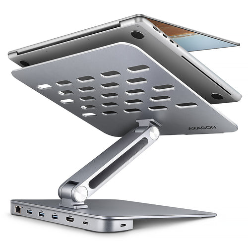 Axagon HMC-STND Multiport USB-C 5Gbps Hub und Aluminiumständer für Laptops. HDMI 4k/60Hz, GLAN, PD und 3 USB-A-Anschlüsse. Kabel USB-C 60 cm.