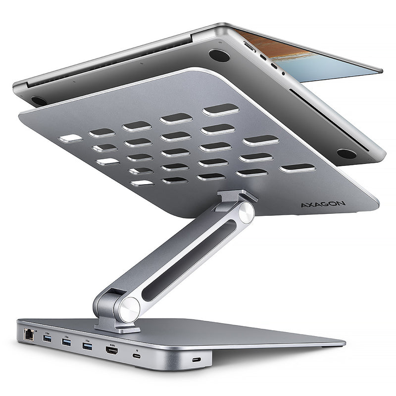 Axagon HMC-STND Multiport USB-C 5Gbps Hub und Aluminiumständer für Laptops. HDMI 4k/60Hz, GLAN, PD und 3 USB-A-Anschlüsse. Kabel USB-C 60 cm.