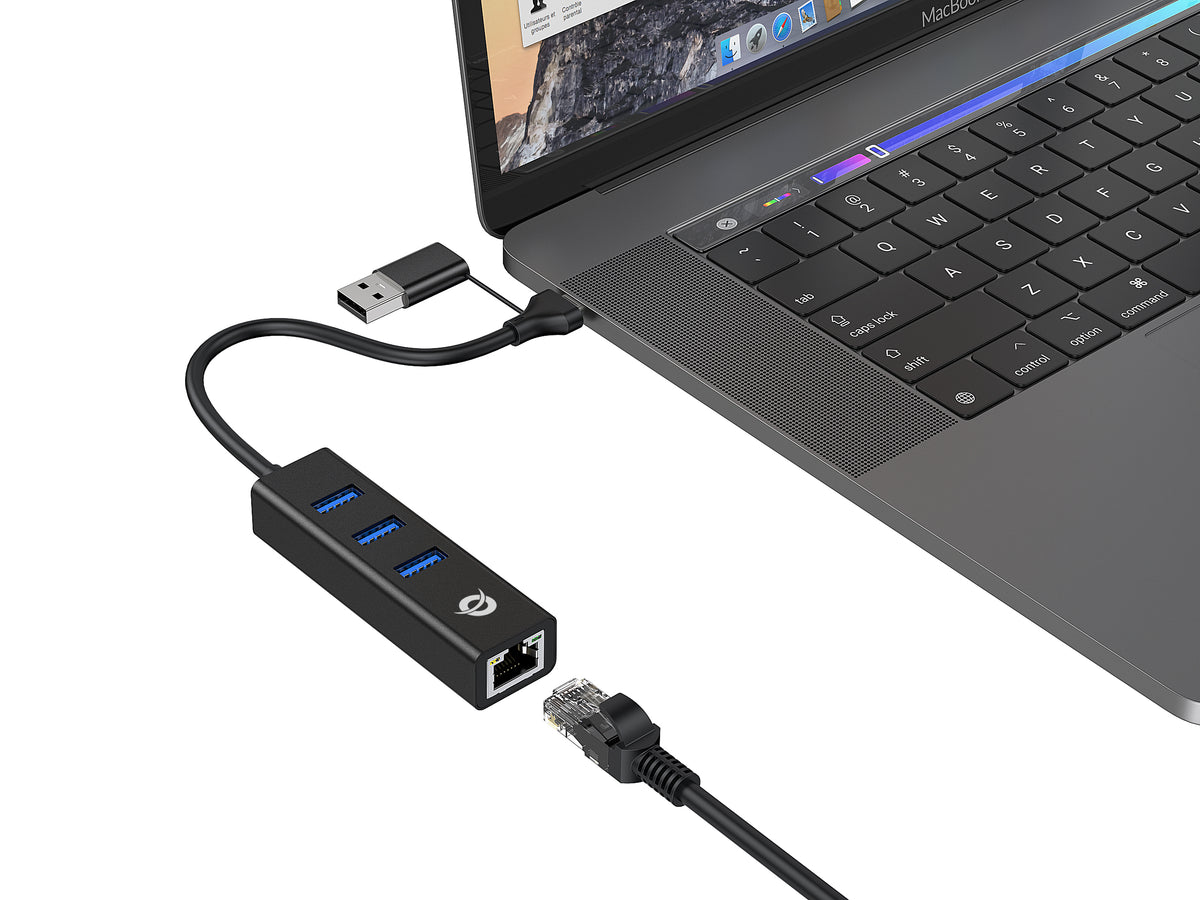 Conceptronic DONN07BA USB zu Gigabit-Netzwerkadapter mit 3-Port-USB-Hub, USB-A x 3, Wake-on-LAN, 2-in-1 USB-C USB-A Cable
