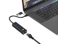 Conceptronic DONN07BA USB zu Gigabit-Netzwerkadapter mit 3-Port-USB-Hub, USB-A x 3, Wake-on-LAN, 2-in-1 USB-C USB-A Cable