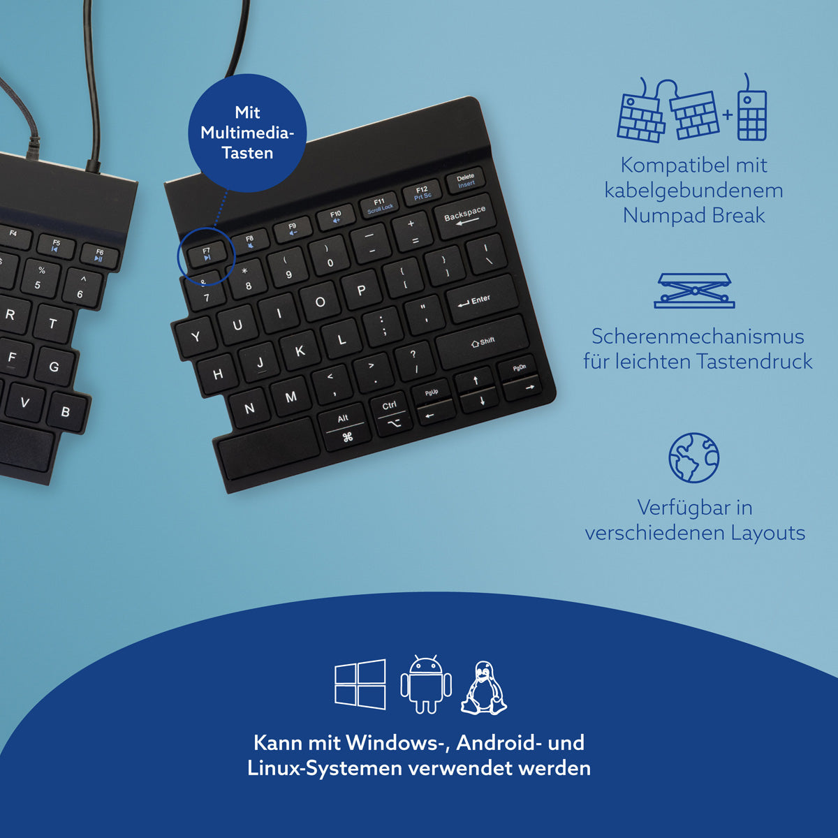 R-Go Tools Ergonomische Tastatur R-Go Split Break v2 mit Pausensoftware, geteilte Tastatur, QWERTY (US), Kabelgebunden, Schwarz