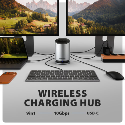 Axagon HMC-WL9 USB-C 10Gbps-Dockingstation mit 15 W kabellosem Laden 9in1