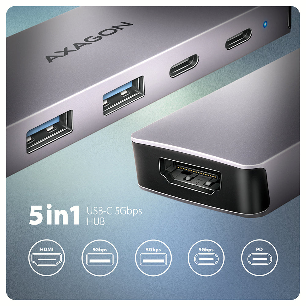 Axagon HMC-5H60 USB 5Gbps hub, 2x USB-A, 1x USB-C, HDMI 4k/60Hz, PD 100W, USB-C Kabel