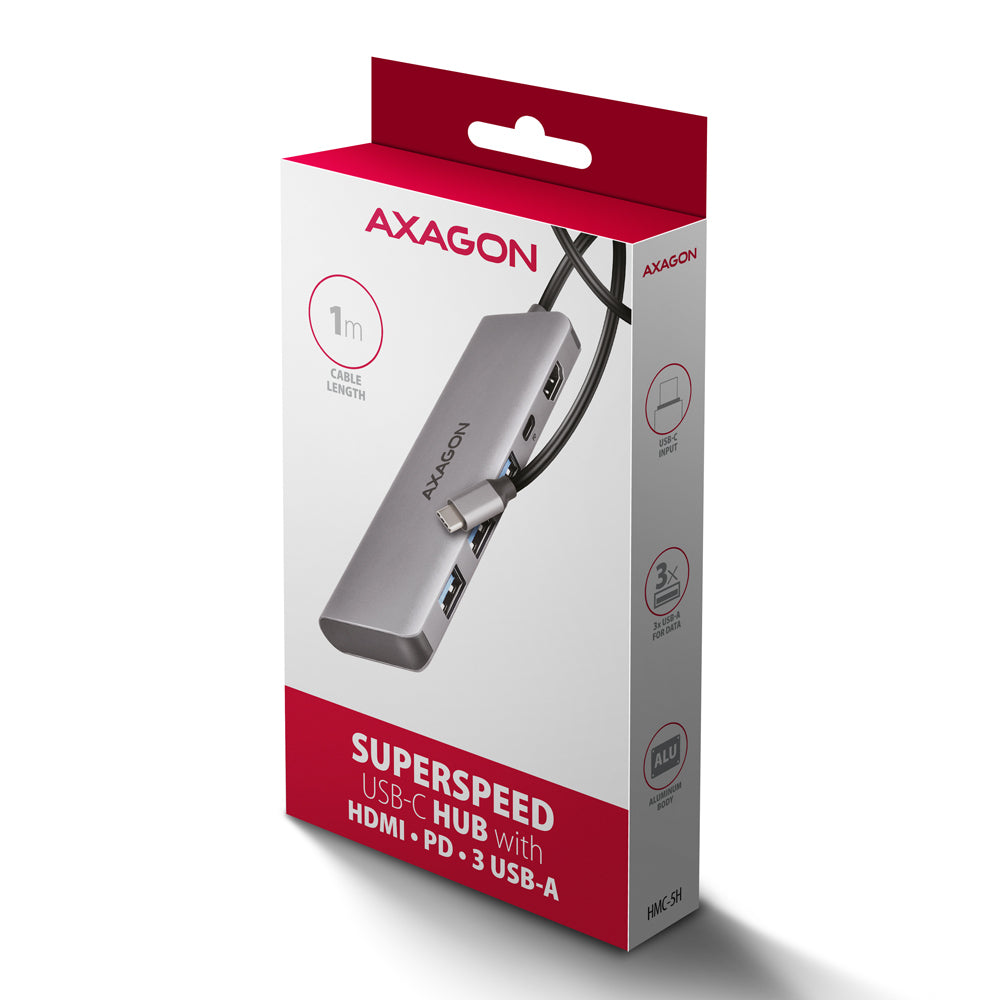 Axagon HMC-5H USB-C 3.2 Gen 1 hub 3x USB-A 4K HDMI PD 100W - Silber Kabelgebunden USB 3.2 Gen 1 (3.1 Gen 1) Type-C