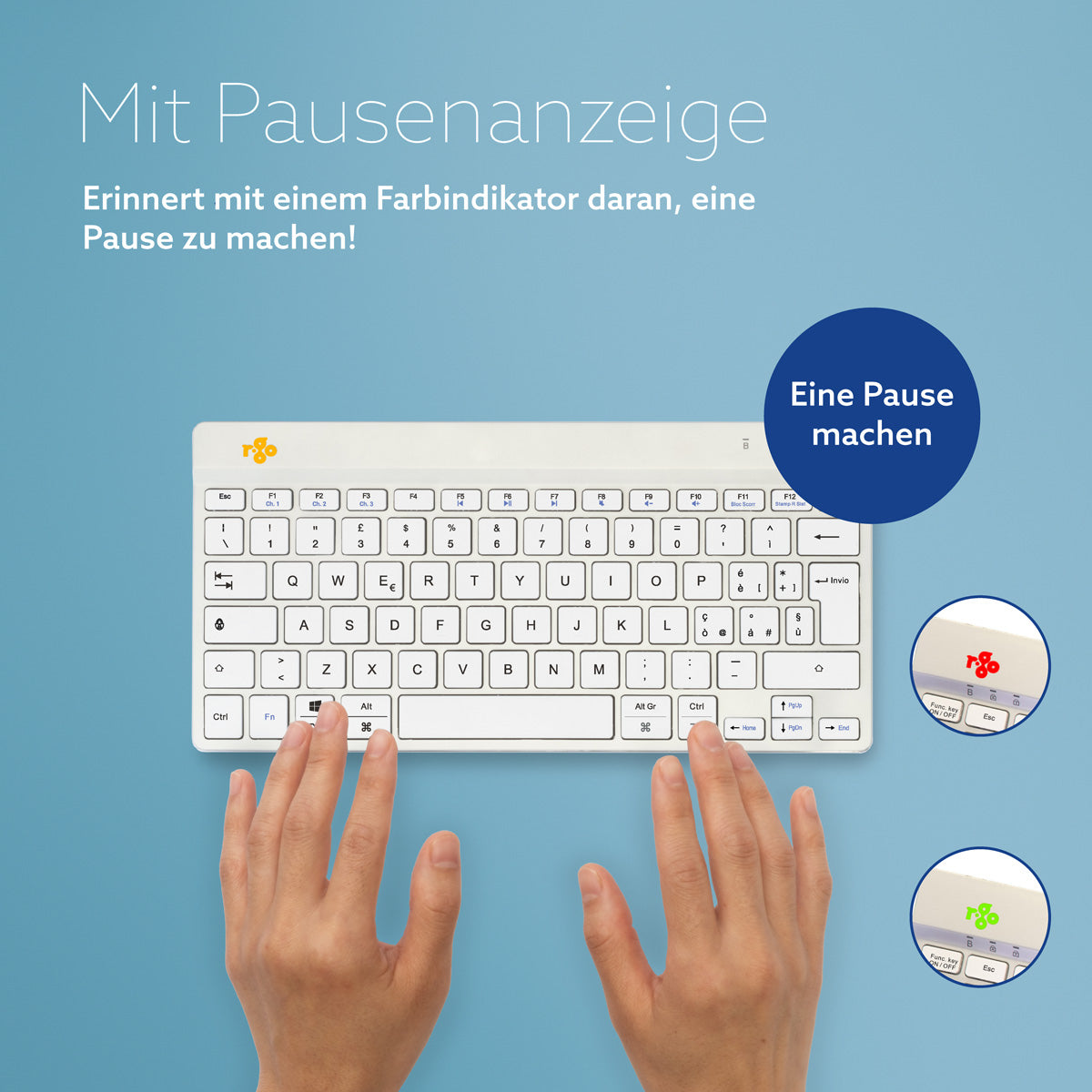 R-Go Tools Ergonomische Tastatur R-Go Compact Break, kompakte Tastatur mit Pausensoftware, QWERTY (IT), Bluetooth, Weiß