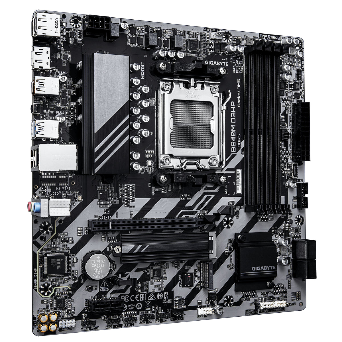 GIGABYTE B840M D3HP Mainboard – AMD Ryzen 9000 CPUs, 8+2+2-Phasen-VRM, bis zu 8200 MHz DDR5 (O.C.), 2× PCIe-4.0-M.2, 1-GbE-LAN, USB 3.2 Gen 2