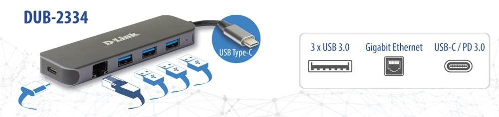 D-Link DUB-2334 laptop-dockingstation & portreplikator Kabelgebunden USB Typ-C Grau