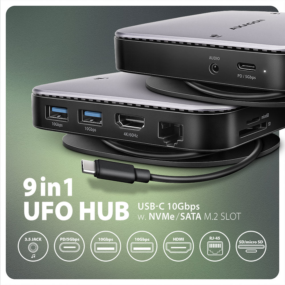 Axagon HMC-UFO USB-C Hub M.2 SATA/NVMe 1 Gbit/s Ethernet 384 kHz Audio Kabelgebunden USB 3.2 Gen 2 (3.1 Gen 2) Type-C Schwarz