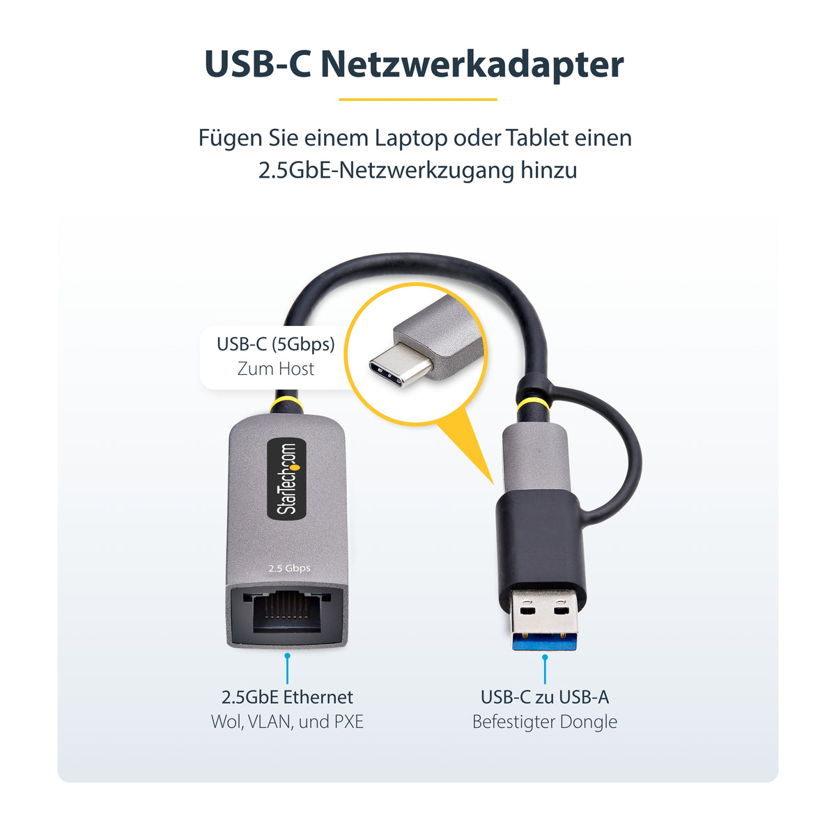 StarTech.com 2.5GbE USB C Ethernet Adapter mit USB-A Adapter, USB-C LAN-RJ45 Netzwerkadapter, USB 3.1 Typ-C 2.5Gb NIC, Thunderbolt & USB4 Kompatibel, Windows & Mac