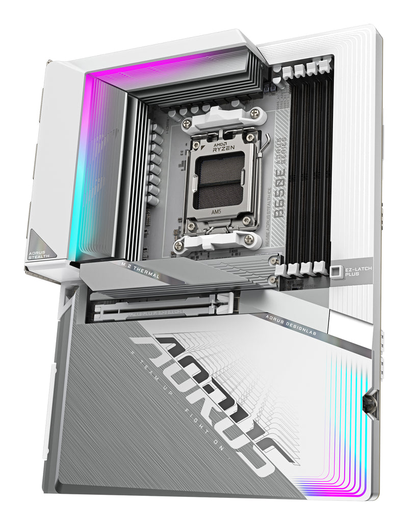 GIGABYTE B650E AORUS STEALTH ICE Mainboard - AMD Ryzen 9000er-Serie, 12+2+2 Phasen VRM, bis zu 8000 MHz DDR5 (OC), 1xPCIe 5.0 + 2xPCIe 4.0 M.2, 2,5 GbE LAN, WIFI 7, USB 3.2 Gen 2x2