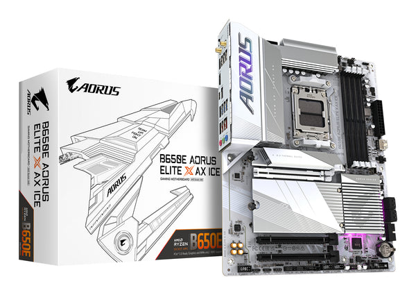 GIGABYTE B650E AORUS ELITE X AX ICE Mainboard - AMD Ryzen 9000er-Serie, 12+2+2 Phasen VRM, bis zu 8000 MHz DDR5 (OC), 1xPCIe 5.0 + 2xPCIe 4.0 M.2, 2,5 GbE LAN, WIFI 6E, USB 3.2 Gen 2