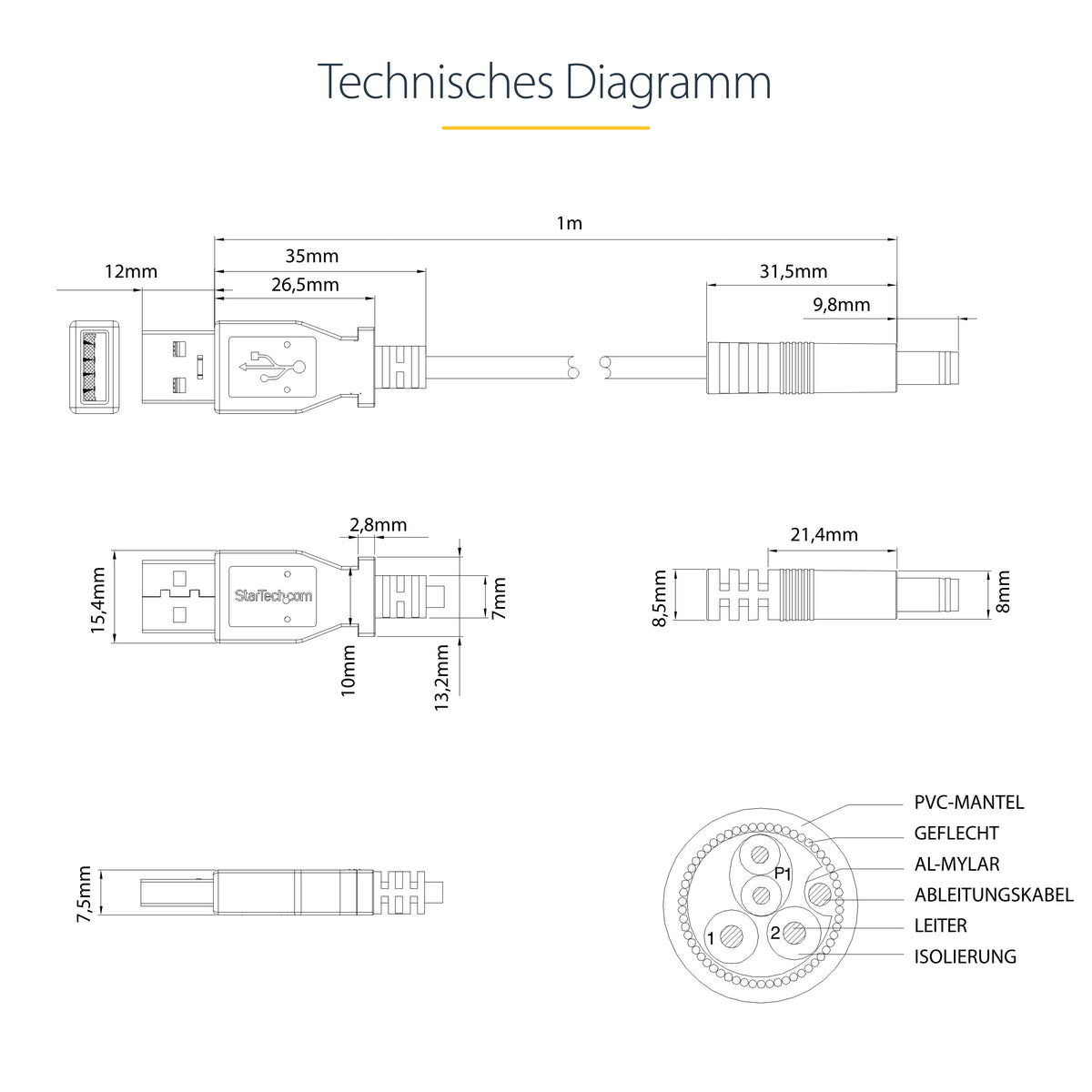 StarTech.com USB 2.0 auf Hohlstecker Typ N Kabel - USB A DC 5V 5,5mm Stecker 1m