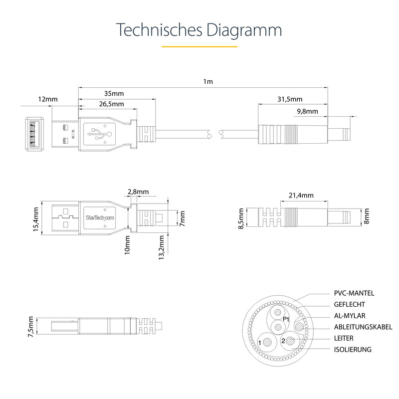 StarTech.com USB 2.0 auf Hohlstecker Typ N Kabel - USB A DC 5V 5,5mm Stecker 1m